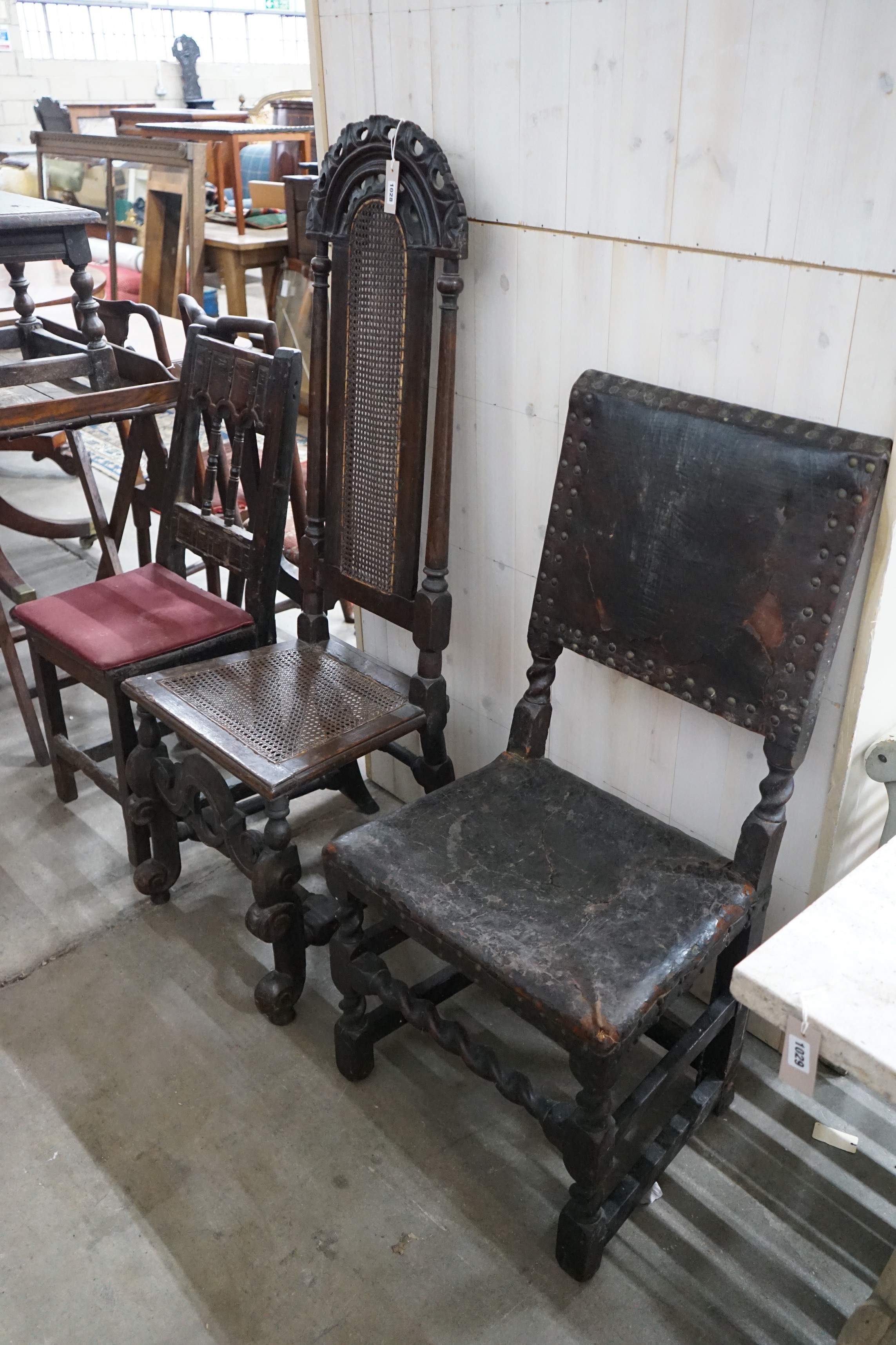 A Carolean style caned high back dining chair together with two other chairs